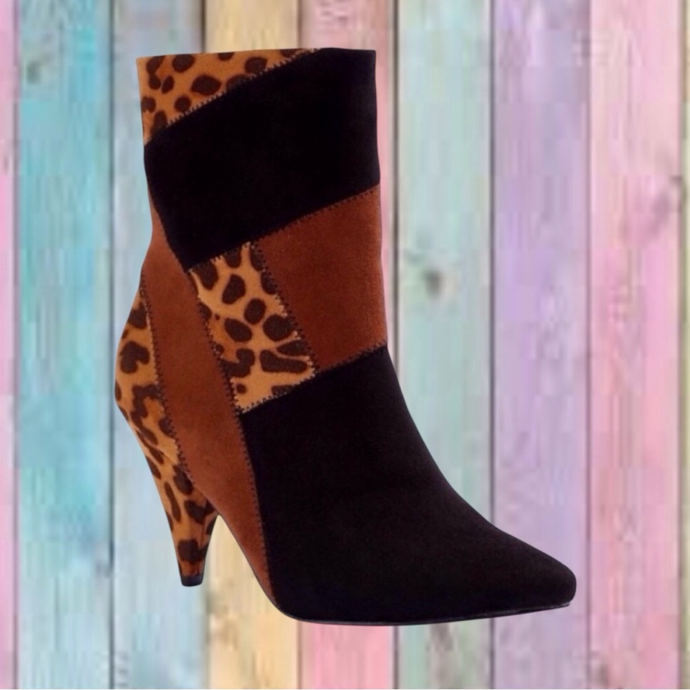 Comfort Black Brown Animal Patchwork Print Ankle Pointed Toe Bootie Boots New